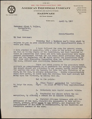 Theo[dore] H. Lunde (American Industrial Company) typed letter (copy) to Alvan T. Fuller, Chicago, Ill., April 9, 1927