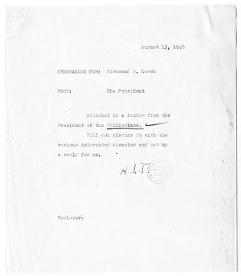 Memorandum from President Harry S. Truman to Richmond Keech, with Attachment