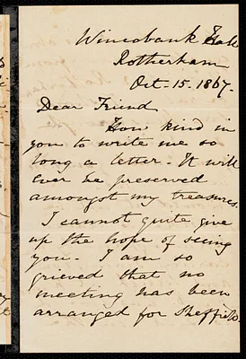 Letter from Mary Anne Rawson, Wincobank Hall, Rotherham, [England], to William Lloyd Garrison, Oct. 15, 1867