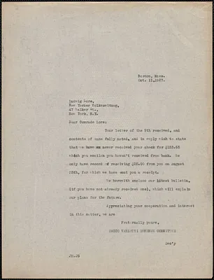 Joseph Moro (Sacco-Vanzetti Defense Committee) typed letter (copy) to Ludwig Lore (New Yorker Volkszeitung), Boston, Mass., October 11, 1927