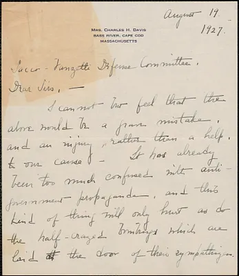 Grace B. Davis autograph letter signed to Sacco-Vanzetti Defense Committee, Bass River, Mass., August 19, 1927
