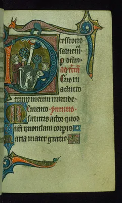 Leaf from Book of Hours: Terce, Initial ""D"" with the Annunciation to the Shephers and Marginal Drollery of a Dragon