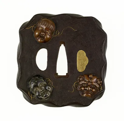 Tsuba with Masks of Noh Characters: Shojo, Okame and Oni