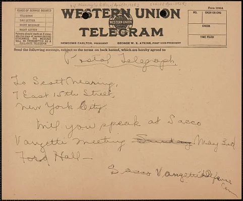 Sacco-Vanzetti Defense Committee telegram to Scott Nearing, Boston, Mass., approximately [April 28, 1925]