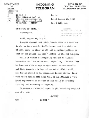 Telegram from Jefferson Caffery to Secrertary of State James Byrnes