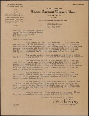 Abe Katofsky (Ladies' Garment Workers Union) typed letter signed to Matilda Robbins (Sacco-Vanzetti Defense League), Cleveland, Ohio, June 30, 1924