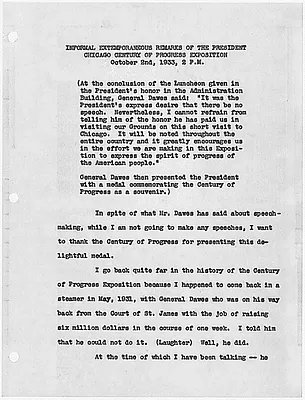 Extemporaneous remarks of the President to Chicago Century Progress Exposition