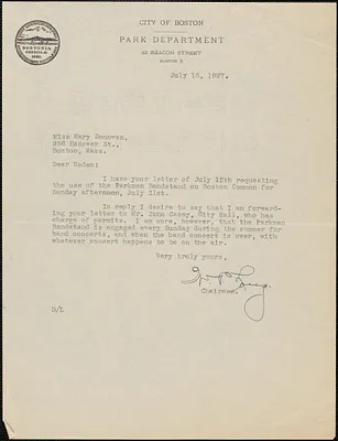 W. P. Long (Park Department, City of Boston) typed letter signed to Mary Donovan, Boston, Mass., July 16, 1927