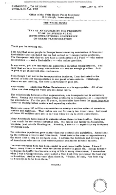 Text of an Address by the President to Be Delivered at the Sixth International Conference on Urban Transportation [Ford Speech or Statement]