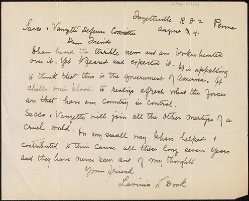 Lavinia L. Dock autograph letter signed to Sacco-Vanzetti Defense Committee, Fayetteville, Pa., August 4, 1927