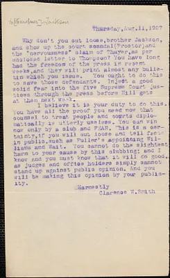 Clarence W. Smith typed letter to [Gardner] Jackson, August 11, 1927