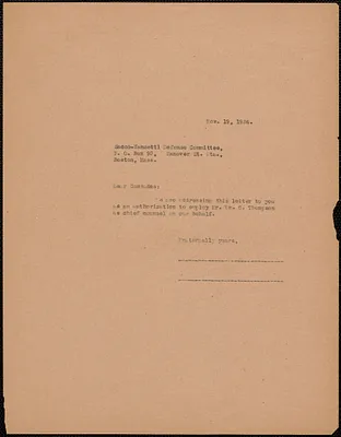 Typed letter addressed to Sacco-Vanzetti Defense Committee, Boston, Mass., November 19, 1924