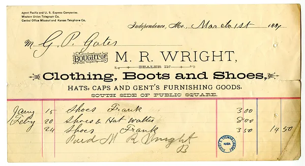 Bill and Receipt from M. R. Wright to George P. Gates