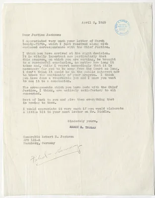 Letter from President Harry S. Truman to Justice Robert H. Jackson