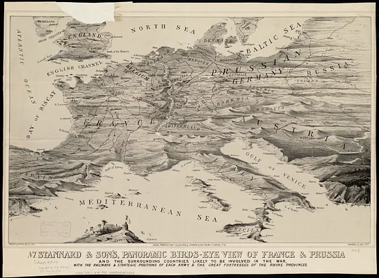 Stannard & Son's, panoramic birds-eye view of France & Prussia and the surrounding countries likely to be involved in the War, with the railways & startegic positions of each army, & the great fortresses of the Rhine provinces