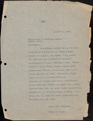 Letter from Thomas Dudley Cabot to Weston Post of American Legion, Weston, MA
