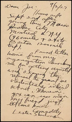 Lester Shulman (Socialist Youth Campaign Committee) autograph note signed (postcard) to Joseph Moro, Brooklyn, N. Y., September 2, 1927