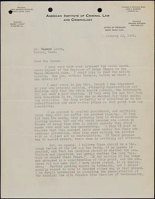James Bronson Reynolds (American Institute of Criminal Law and Criminology) typed letter signed to Eugene Lyons, North Haven, Conn., January 10, 1922