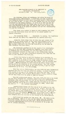 Press Release, Speech of President Harry S. Truman, Bridgeport, Pennsylvania