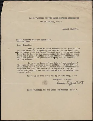 Anna Cornblath (Sacco-Vanzetti United Labor Conference, San Francisco) typed letter signed to Sacco-Vanzetti Defense Committee, San Francisco, Calif., August 20, 1926