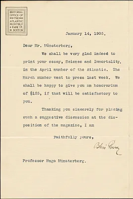 Perry, Bliss, 1860-1954 typed letter signed to Hugo Münsterberg, Boston, 14 January 1905