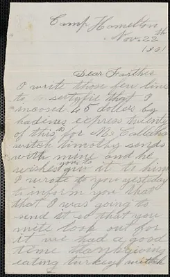 Letter from John Jubb, Camp Hamilton, to Thomas Jubb, West Chelmsford, Mass., November 22, 1861