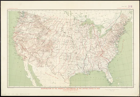 Distribution of the magnetic declination in the United States in 1900