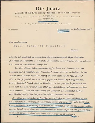 Wilhelm Kroner (Die Justiz) typed letter signed, in German, to Sacco-Vanzetti Defense Committee, Berlin, Germany, September 2, 1927