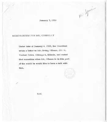 Memorandum from Rose Conway to Matthew Connelly, with Attached Correspondence Between President Harry S. Truman and Irving Pflaum