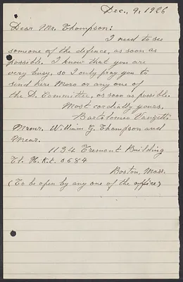 Sacco-Vanzetti Case Records, 1920-1928. Correspondence. Bartolomeo Vanzetti to William G. Thompson, December 9, 1926. Box 40, Folder 103, Harvard Law School Library, Historical & Special Collections
