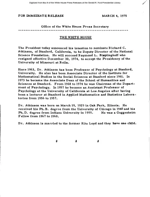 President to Nominate Richard C. Atkinson to be Deputy Director of the National Science Foundation [Position Appointments and Resignations]
