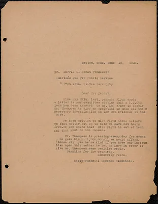 Sacco-Vanzetti Defense Committee typed letter (copy) to Morris L. Ernst (The American Fund for Public Service, Inc.), Boston, Mass., 10 June 1926