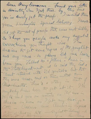 John Dos Passos autograph letter signed to Mary Donovan, [Mexico City, Mexico?, December 1926?]