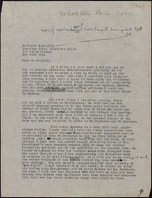 Mary C. Crawford typed letter (copy) to Roger N. Baldwin (American Civil Liberties Union), Boston, Mass., September 13, [1926]