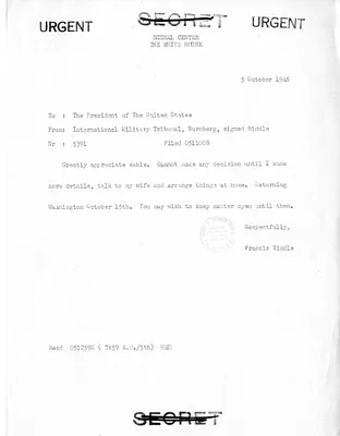 Telegram from Francis Biddle to President Harry S. Truman