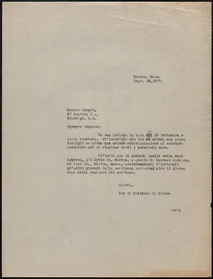 Sacco-Vanzetti Defense Committee typed letter (copy), in Italian, to Nunzio Serges, Boston, Mass., September 16, 1927