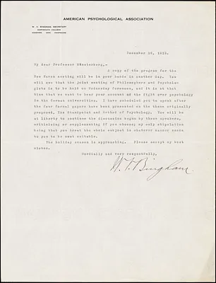 Bingham, Walter Van Dyke, 1880-1952 typed letter signed to Hugo Münsterberg, Hanover, N.H., 15 December 1913