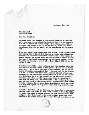 Letter from Secretary of Agriculture Clinton Anderson to President Harry S. Truman