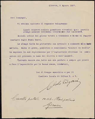 Carlo Frigerio typed letter signed, in Italian, to Sacco-Vanzetti Defense Committee, Geneva, Switzerland, August 9, 1927