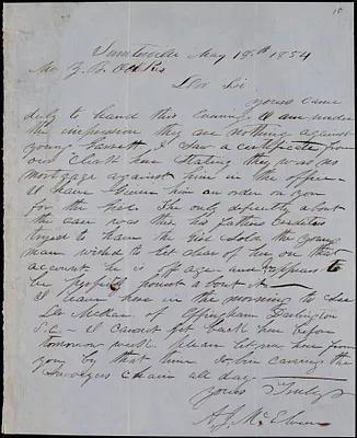 A. J. McElveen, Sumterville, S.C., autograph letter signed to Ziba B. Oakes, 18 May 1854
