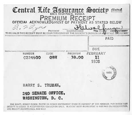 Premium Receipt from Central Life Assurance Society to Harry S. Truman