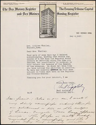 Paul Appleby, The Des Moines Register autograph letter signed to Lillian Whalley, Des Moines, Iowa, May 4, 1927