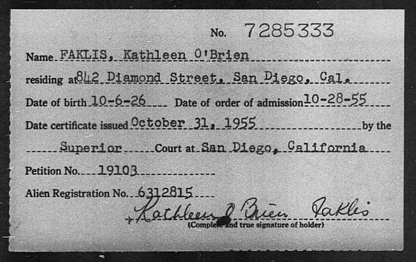 Faklis, Kathleen O'Brien - 1955