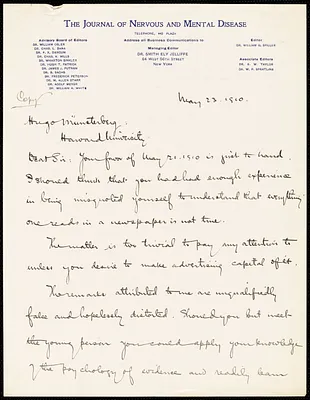 Jelliffe, Smith Ely, 1866-1945 autograph letter signed to Hugo Münsterberg, New York, 23 May 1910