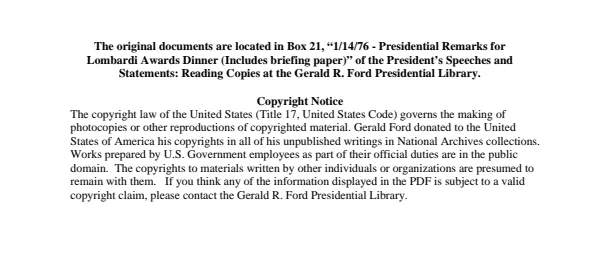 1/14/76 - Presidential Remarks for Lombardi Awards Dinner (Includes briefing paper)