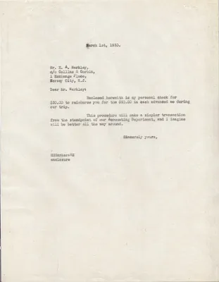 Letters Sent to E.A. Markley, March 1, 1930