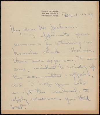 Eunice Lathrope autograph letter signed to Gardner Jackson, Wellesley, Mass., December 1, 1929