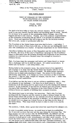 Text of Remarks by the President to Be Delivered at a Forum at Tyler Junior College, Tyler, Texas [Ford Speech or Statement]