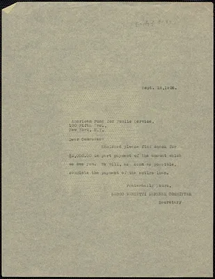 Sacco-Vanzetti Defense Committee typed note (copy) to The American Fund for Public Service, Inc., Boston, Mass., September 18, 1926