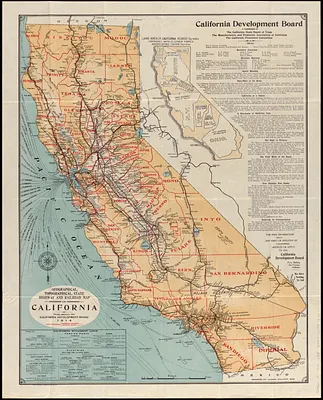 Geographical, topographical, state highway and railroad map of California